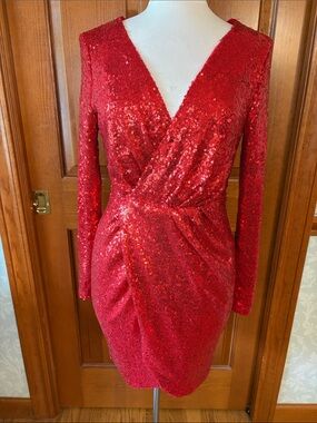 Charlotte Russe Red Sequin Wrap-Style Long Sleeve Dress. Women’s Size Large